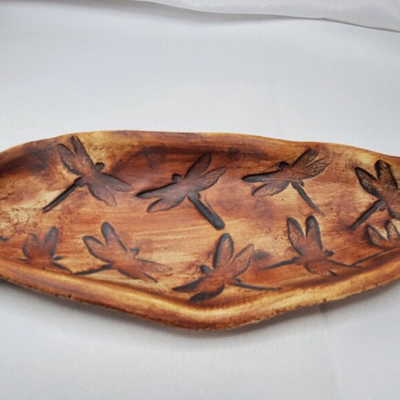 Hand-made Pottery Dragonfly Leaf-Shaped Jewelry Trinket Tray Dish 9.5" Long - Picture 3 of 14